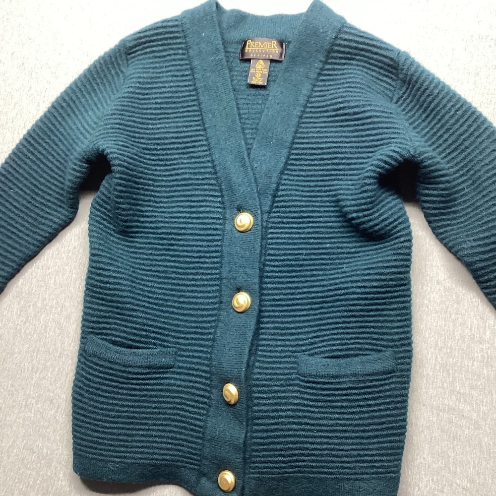 Vintage Premier Collection Petites Green Teal 100% Wool Cardigan Size XS Rare